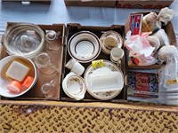 dishes, glass bakeware, tupperware, meat yarn,