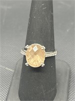 Morganite and CZ Silver Tone Ring, Size7