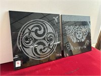 Pair of Signed Etched Granite Tiles