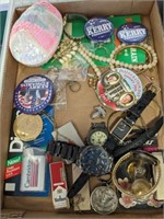 TRAY OF ASSORTED BADGES, WATCHES,