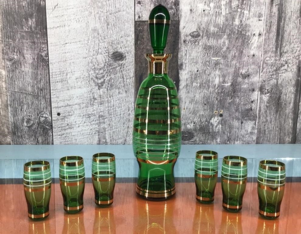 Vtg. green glass caraffe w/ glasses