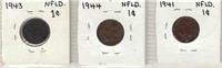 3 Newfoundland penny 1943 1944 and 1941