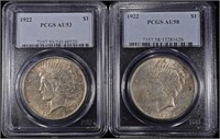 1922 PEACE DOLLARS PCGS AU-53 & AU-58