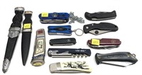 Lot, assorted folding knives, multi tools and