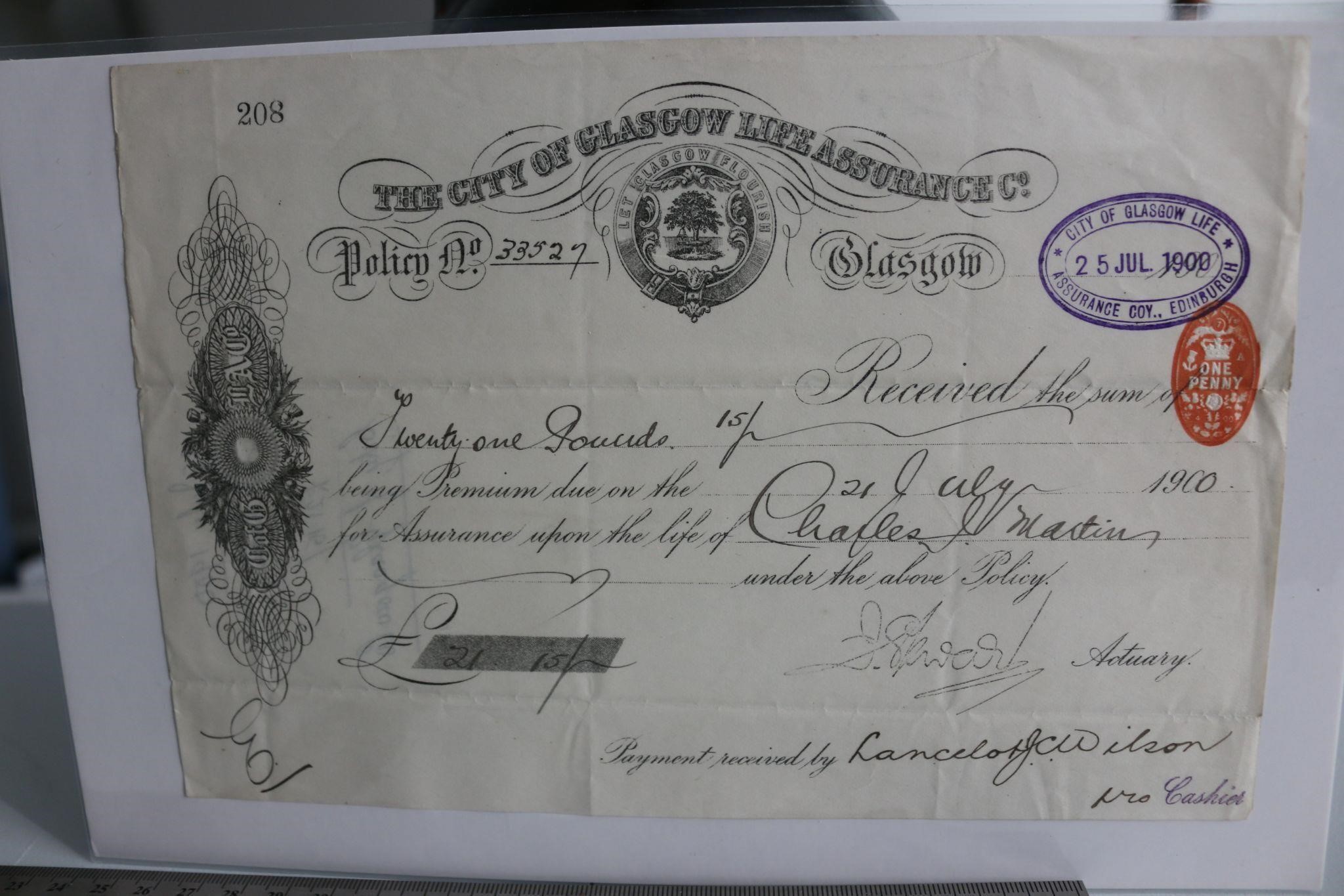 1900 Receipt The City of Glasgow Life Assurance