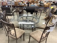 54 inch round glass and metal table with six