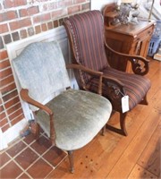 Antique open arm upholstered rocking chair and