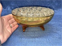 Vtg Viking amber glass oval bowl flower frog (2pc)