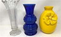 Sawtooth Vase 9", Blue Glass Vase 8", Yellow