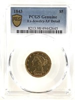 1843 $5 Gold PCGS XF Detail Ex-Jewelry
