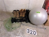 Exercise ball, Fish net, 3 pair size 10 boots+