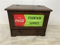 WOODEN ONE DRAWER BIN WITH COCA COLA  ADVERTISING