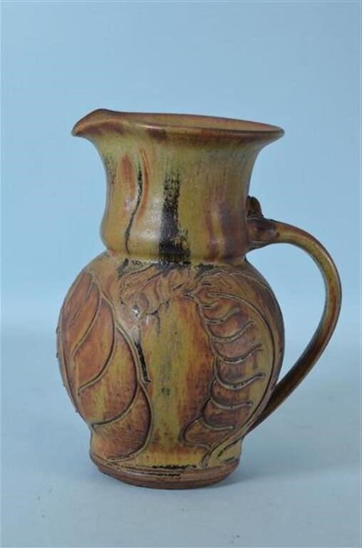 Etched Pottery Pitcher,   Signed