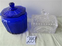 COBALT BLUE CRACKER JAR, LIDDED GLASS DISH W/ BIRD