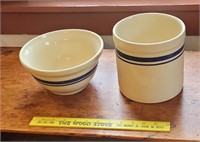 2 blue banded stoneware bowls - 1 Roseville
