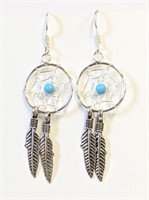 .925 Silver Dream Catcher & Feather Earrings     L