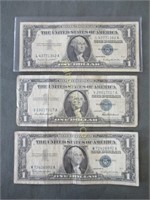 One Dollar Silver Certificates: 3pc lot