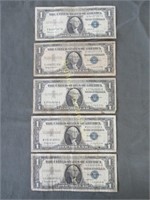 One Dollar Silver Certificates 1957-B 5pc lot