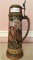 Pottery master stein, impressed, with pewter and