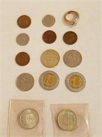 Mixed Bag Of Foriegn Coins And Gold Plate Ring