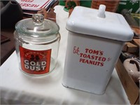Peanut tin and small glass jar