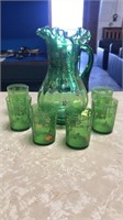 Vintage green pitcher w 6 glasses