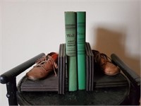 Bronzed baby shoe bookends, vintage books
