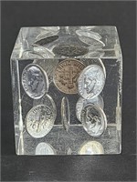 VTG CLEAR LUCITE PAPERWEIGHT WITH DIMES FROM THE