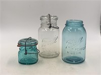 -3 ball canning jars, half pint blue glass