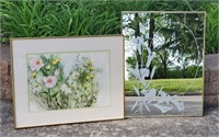 C1980's FRAMED FLORAL PRINT, LILY MIRROR 2pc