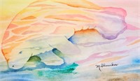 ARTIST SIGNED MANATEE WATERCOLOR - M STIENECKER