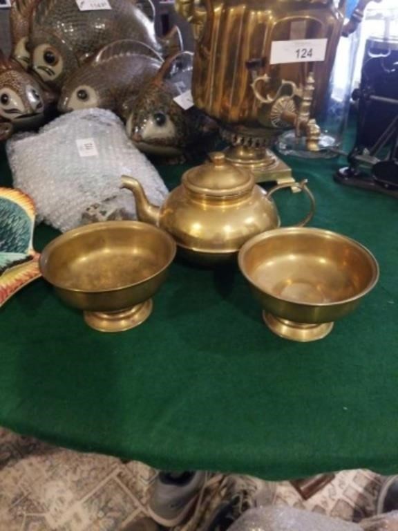 3 pc brass tea pot and bowls
