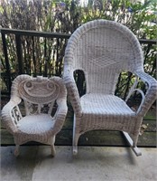 2 White Wicker Outdoor Chairs (one for child)