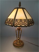 Antique slag glass table lamp with ornate base