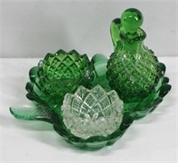 5 Pc Forest Green & Clear Glass Condiment Set