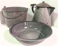 Vtg Granite Ware Kettle, Bucket & Serving