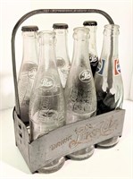 Vtg Pepsi-Cola Bottles w/ Metal Carrier