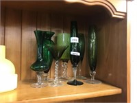 QTY OF GREEN GLASS VASES