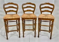 3 bar chairs, ladder backs, rush seats, maple