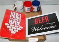 2 NOS TIN BEER SIGNS & 3 ADVERTISING MUGS