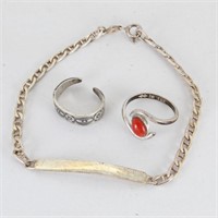 (2) Sterling Silver Rings & Sterling ID Bracelet
