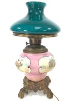 Painted Converted Oil Lamp w Cherubs + Shade