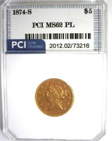 1874-S Gold $5 MS62 PL LISTS $11500 IN 55+