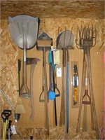 MISC SHOVELS & HAND TOOLS ON WALL