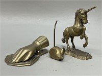 3 Brass Unique Items Including Unicorn 5in H