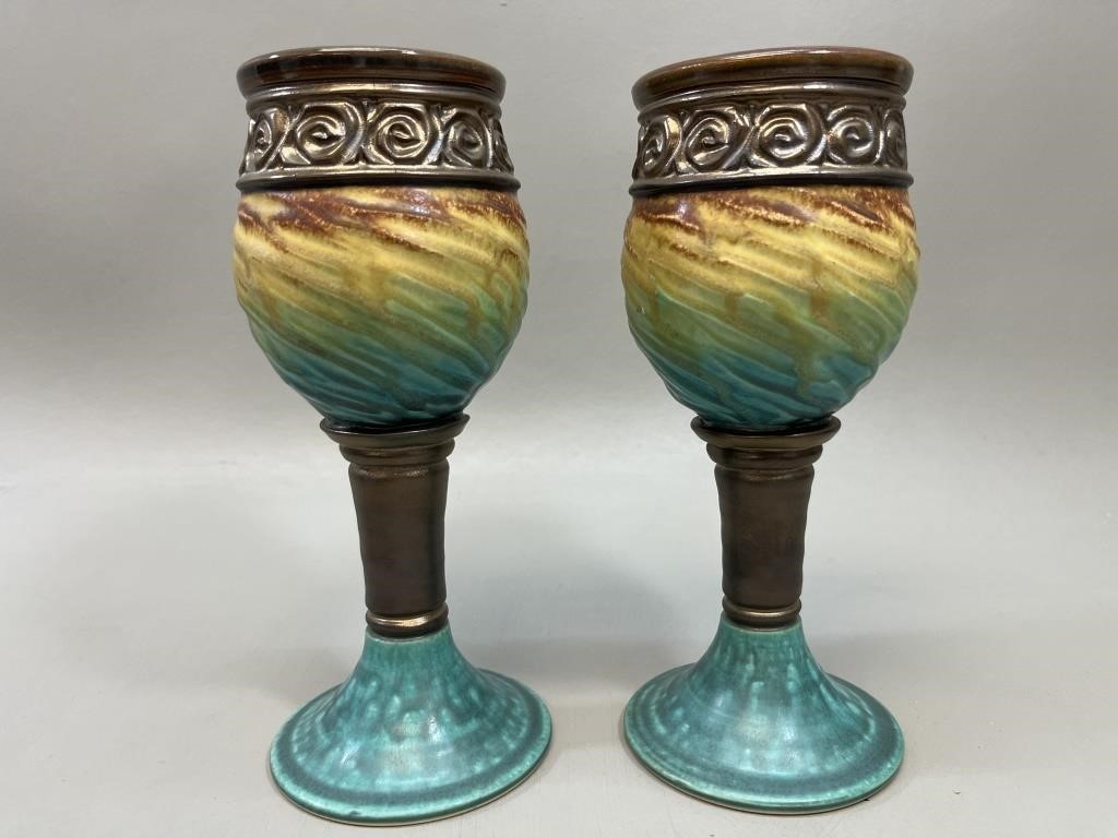 2 Lg Artisan Pottery goblets, signed