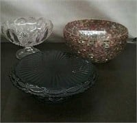 Box-Cape Cod Red Cake Plate, Glass Flower Bowl, &