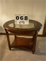 Beveled glass top end table, some damage,