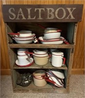 White & Red Enamel Ware in Wood Cabinet
