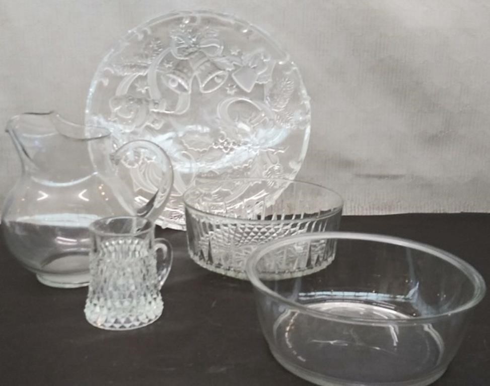 Box Glassware-Pitcher, Platter, 2 Bowls, Mug